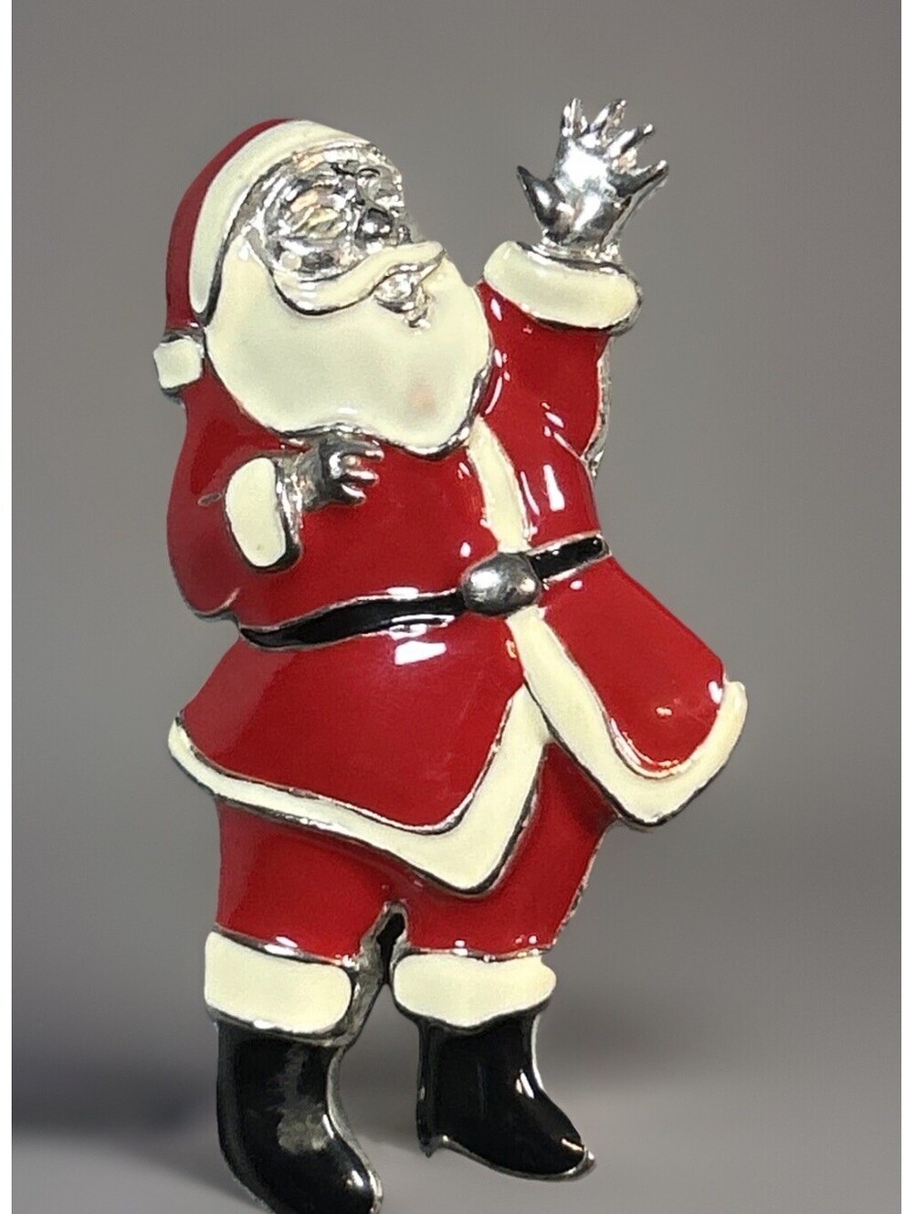 Vintage Enamel Waving Santa Brooch Pin Pendant Red Suit